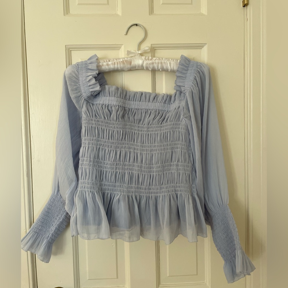 All Saints Off the Shoulder Gauzy Boho Peasant Top, Long Sleeve, Light Blue 8